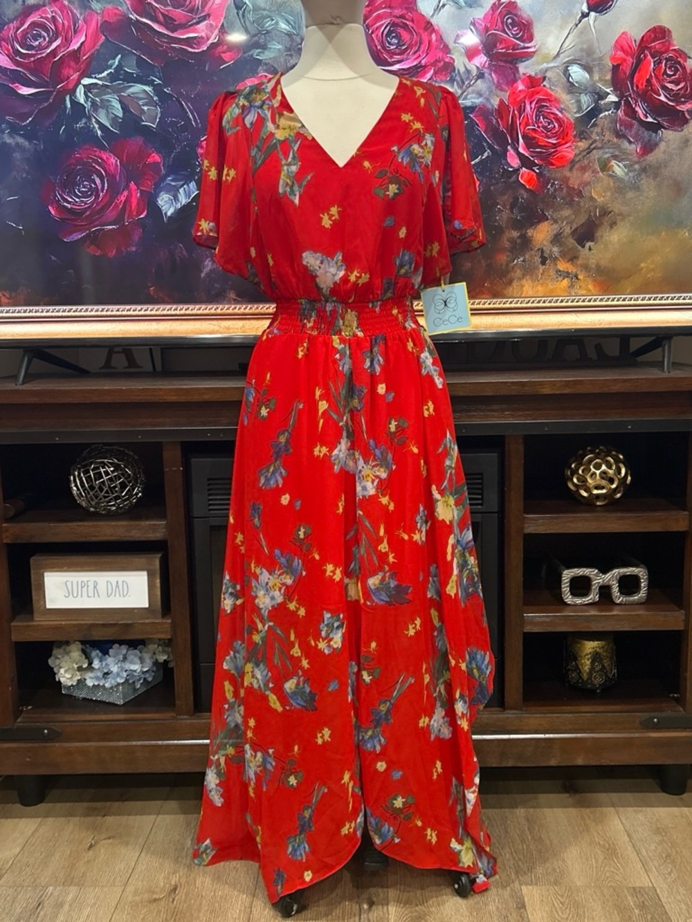 CeCe Red Floral V-Neck Maxi Dress